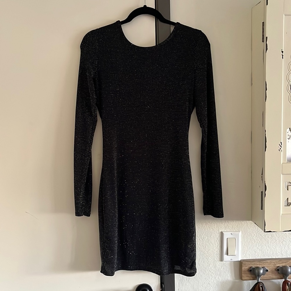 Black Silver Sparkle Mini Bodycon Cocktail Holiday Party Dress by Renvy Size L